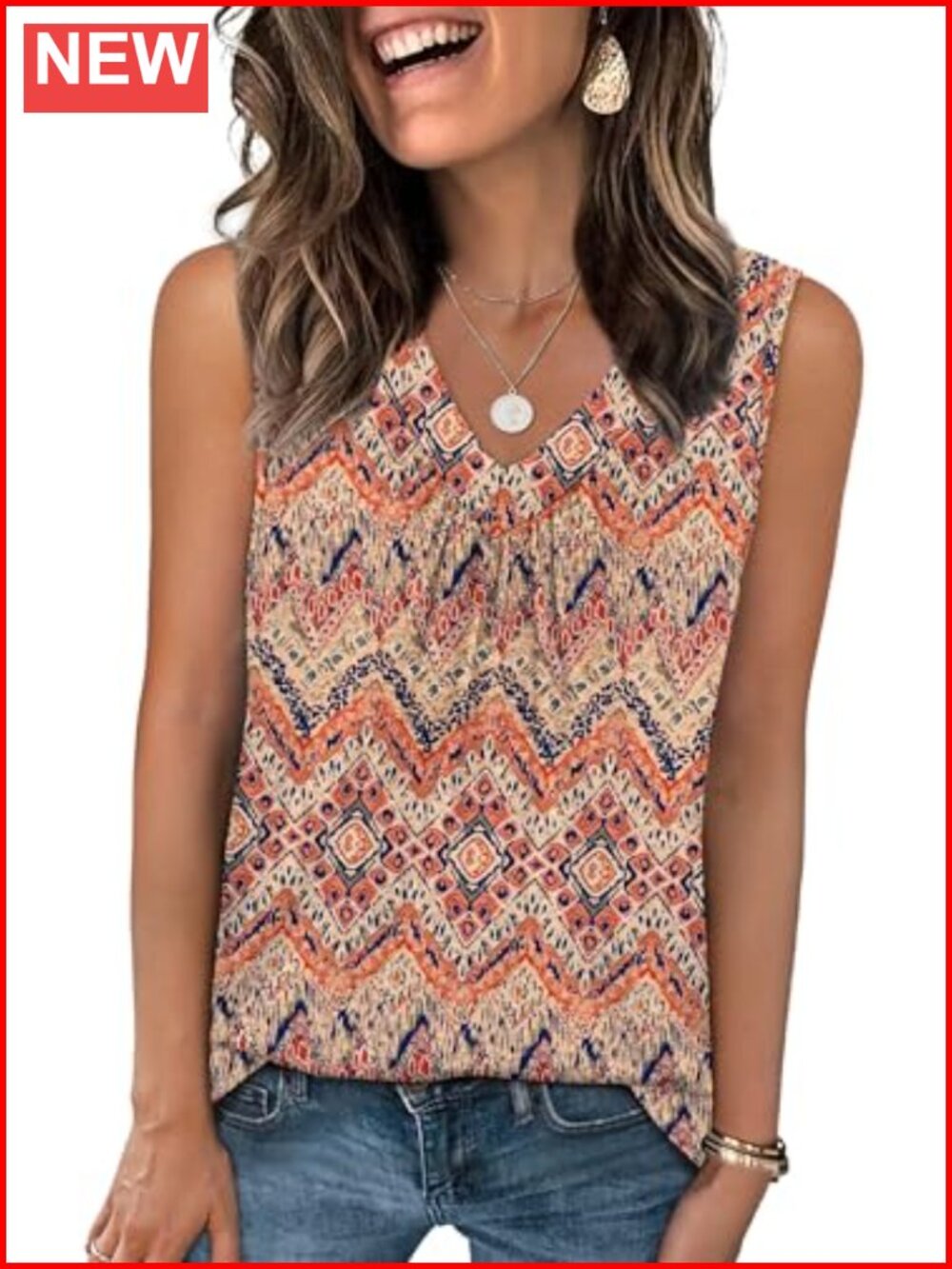 Women's Loose Fit Sleeveless Tank Top V-Neck Pleated Front Curved Hem Summer